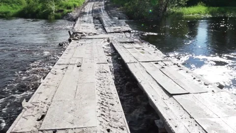 Temporary floating bridge on the river Stock Footage 145426721