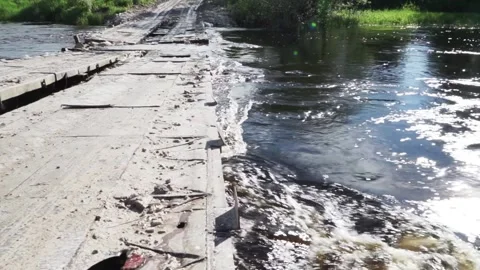 Temporary floating bridge on the river Stock Footage 145426723