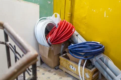 Temporary  stored construction materials, corrugated pipe , drywall, plumbin Stock Photos