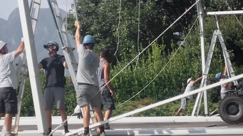 Temporary structure. Installation of aluminum structures. Installation work Stock Footage 131564899