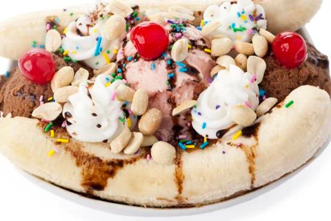Tempting banana split sundae Stock Photos