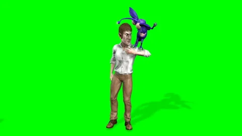 Tempting Imp on Shoulder of Animated Man (loop):  Green Screen + Matte Video stock 147512038