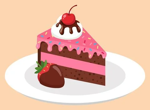 Tempting slice of chocolate cake with pink frosting, colorful sprinkles, do.. Stock Illustration