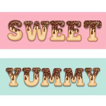 Tempting  typography. Icing text. Words "yummy" and "sweet" glazed with choco Stock Illustration