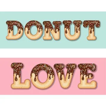 Tempting  typography. Icing text. Words "donut" and "love" glazed with chocol Stock Illustration