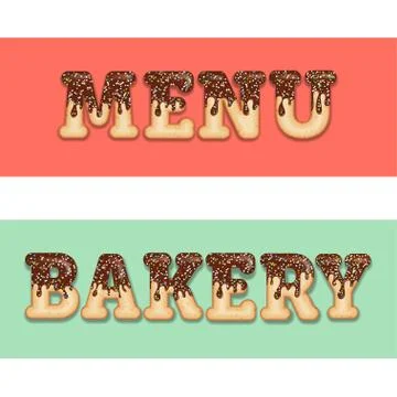 Tempting  typography. Icing text. Words "menu" and "bakery" glazed with choco Stock Illustration