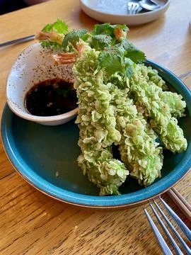 Tempura King prawns with soy dip sauce, dip 写真素材