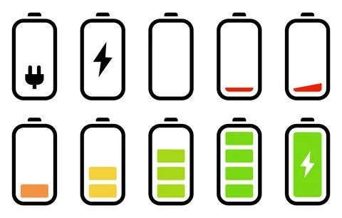 Ten battery showing full empty and charging states with different colors Stock Illustration