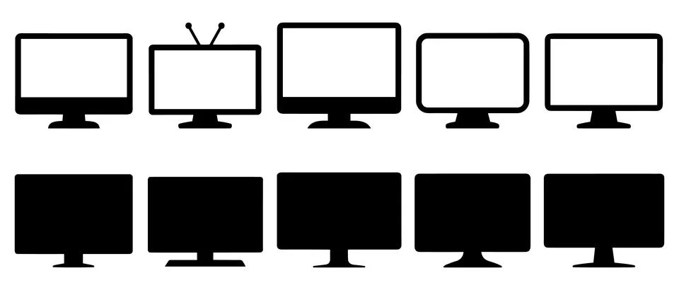 Ten black and white computer monitors in two rows five monitors Stock Illustration