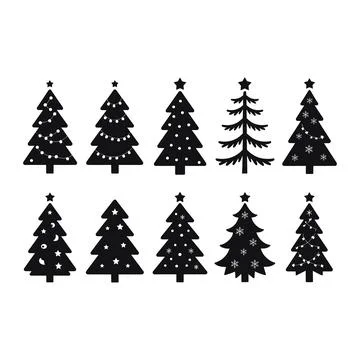 Ten Black Christmas Trees with Various Decorations Illustrazione stock