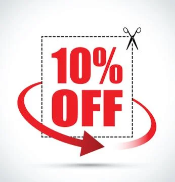 Ten per cent off scissors sign with an arrow Stock Illustration