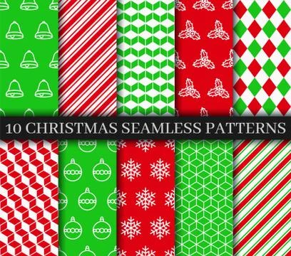 Ten Christmas seamless patterns collection. Vector New year texture. Festive  Stock Illustration