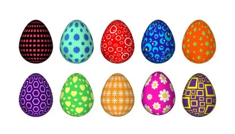 Ten colorful Easter eggs with simple patterns of geometric figures Stock Illustration