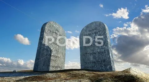 Ten commandments stones, viewed from ground level in dramatic perspective, wi Stock Illustration