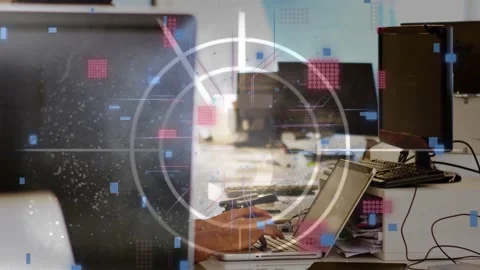 Ten-count HUD starting, fading and rotating while laptop hands typing revealing Stock Footage 334881833