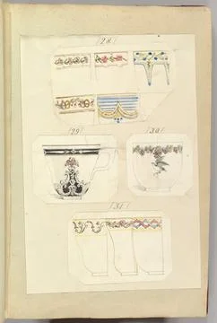 Ten Designs for Decorated Cups, including Osborne Pattern 184555 Alfred Hen.. Stock Photos