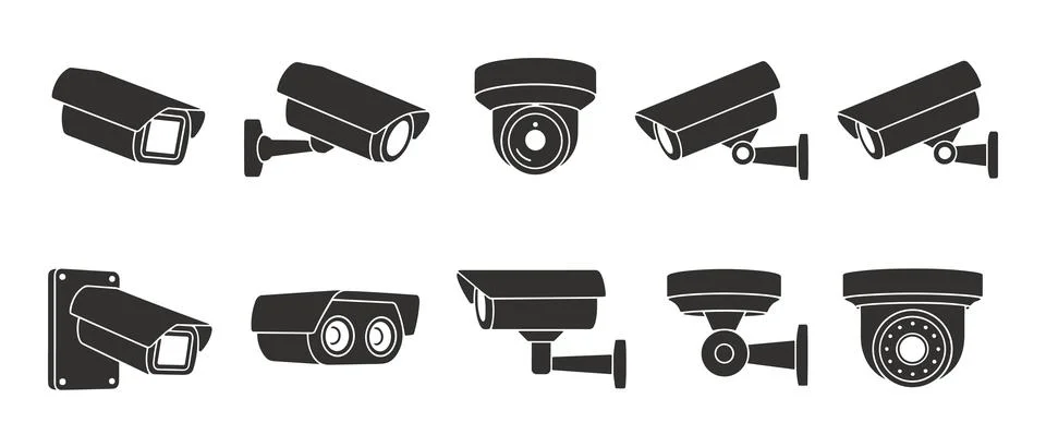 Ten Different Types of Black and White Security Cameras Stock Illustration