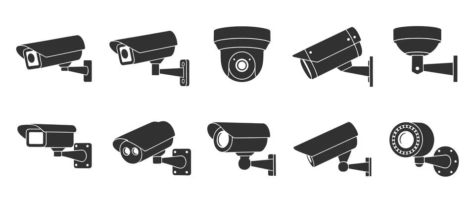 Ten Different Types of Black Security Cameras on White Background Stock Illustration