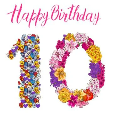 Ten digit made of different flowers. Floral element of colorful alphabet made Stock Illustration