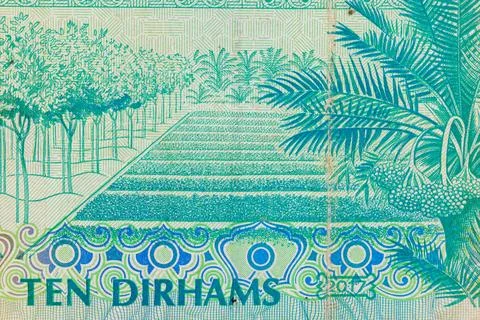 Ten Dirhams Banknote with Landscape Stock Photos