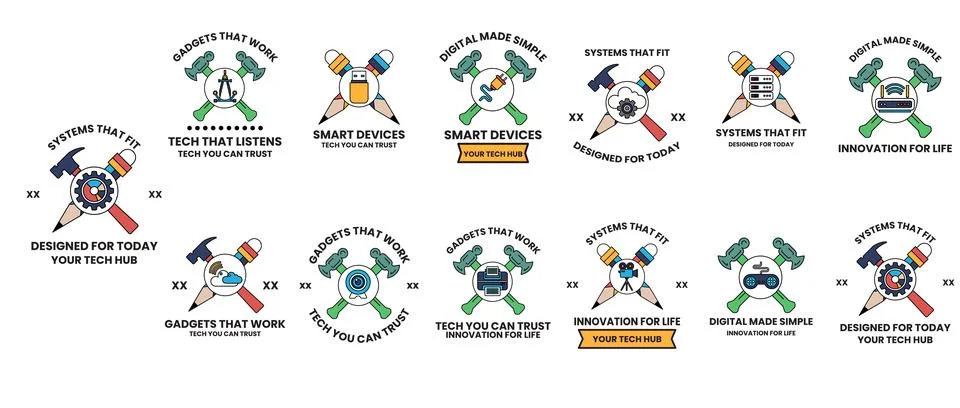 Ten distinct logo designs featuring crossed hammers and axes Stock Illustration