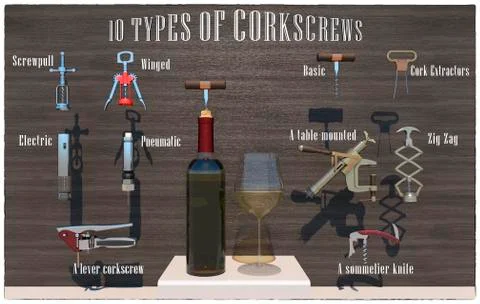 Ten types of Corkscrews &amp; Wine Bottle Openers - most commonly used corkscrew  Stock Illustration