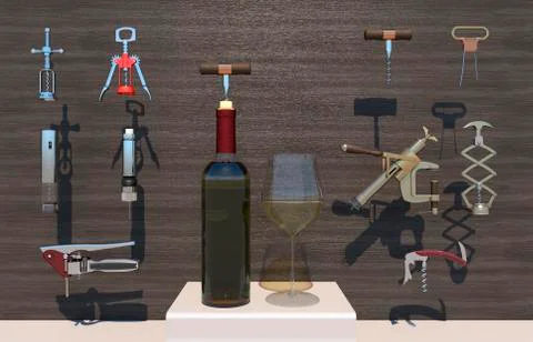 Ten types of Corkscrews &amp; Wine Bottle Openers - most commonly used corkscrew  Stock Illustration