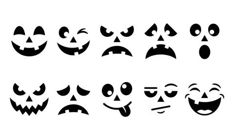 Ten unique spooky pumpkin face silhouettes with diverse expressions for hal.. Stock Illustration