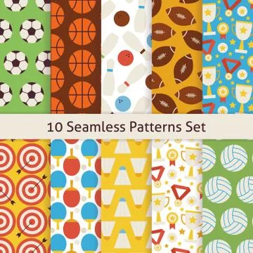 Ten Vector Flat Seamless Sport Recreation and Competition Patterns Set Stock Illustration