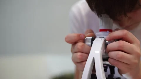 A ten year old boy studies a biological specimen under a light microscope. Close Video stock 298524690