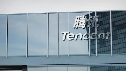 Tencent Stock data presented on the logo of the office facade editorial Stock Photos