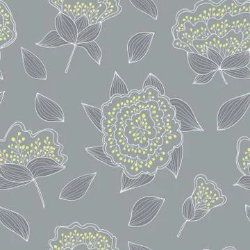 Tender and graceful seamless pattern with hand drawn flowers and leaves. Stock Illustration