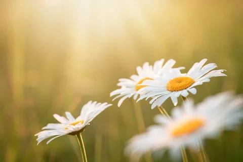 Tender beautiful chamomiles under the sun in the field Stock Photos