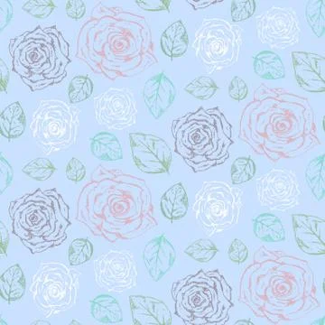 Tender blue pattern with roses and leaves Stock Illustration