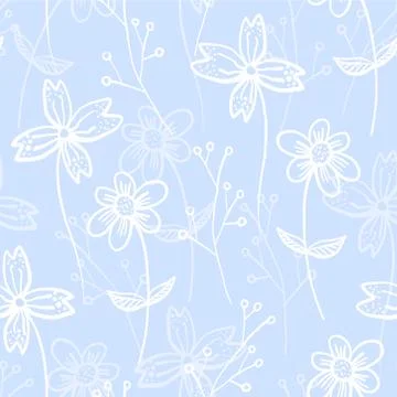 Tender blue pattern with spring hand drawn flowers Stock Illustration