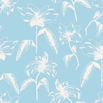 Tender blue pattern with white sketch flowers Stock Illustration
