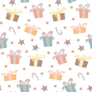 Tender Christmas pattern with gift boxes and stars Illustrazione stock
