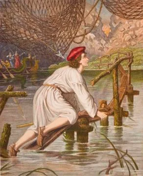 Tender Conscience Crossing The Bridge. From The Book The Pilgrim's Progress B Stock Photos