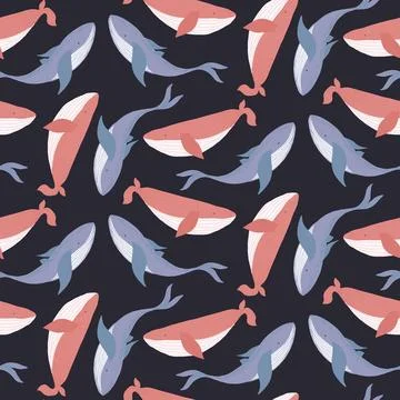 Tender dark pattern with coral and blue whales Stock Illustration