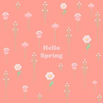 Tender hello spring card with floral elements on pink pastel background, gree Stock Illustration
