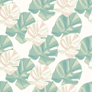 Tender isolated seamless pattern with monstera leaf ornament. Green and pink  Stock Illustration