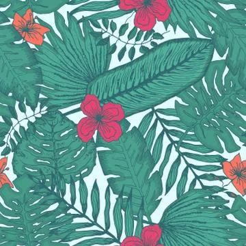 Tender pattern with tropical leaves and flowers Stock Illustration