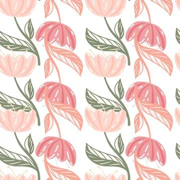 Tender romantic seamless pattern with pink cute tulip flowers ornament. Isola Stock Illustration