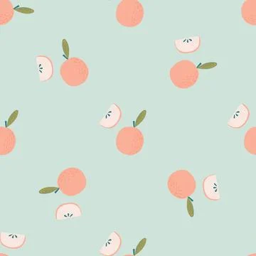 Tender seamless fruit pattern with pink apple elements. Blue light background Illustrazione stock
