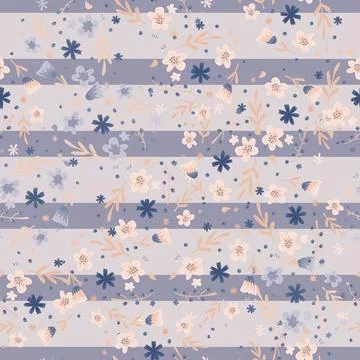 Tender seamless pattern with doodle little random flowers and foliage silhoue Stock Illustration