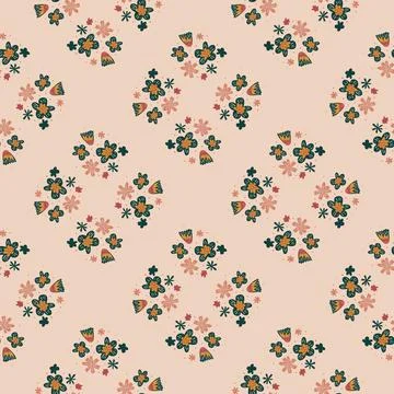 Tender seamless pattern with hand drawn cute flower elements on pink backgrou Stock Illustration