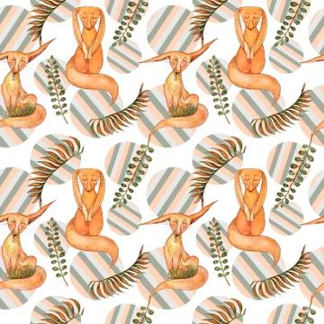 Tender seamless pattern with red little foxes, leaves and striped circles Stock Illustration