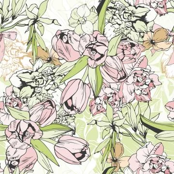 Tender seamless pattern with tulips and narcissus Stock Illustration