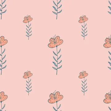 Tender seamless summer pattern with cute wilfflowers print. Pink palette bota Stock Illustration
