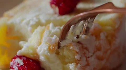 Tender sponge cake with cream and fresh wild strawberries Stock Footage 344571434